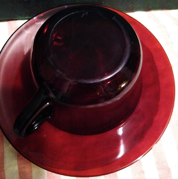 Vintage Ruby Red Glass Cup Saucer Set Cafecore Tea Coffee Christmas Holidays - Picture 3 of 11